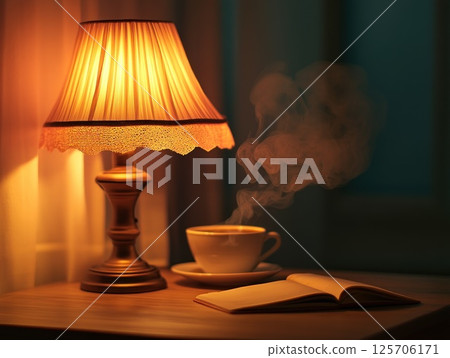 Warm lamp, steaming coffee, night reading nook 125706171