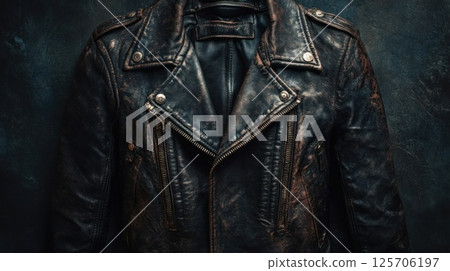 Worn Leather Jacket on Dark Wall Background 125706197