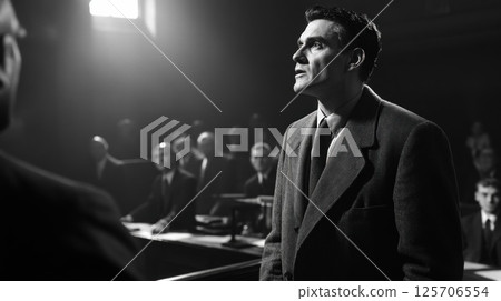 1950s courtroom drama, man speaks, attentive audience, spotlights 1950s courtroom drama, man speaks, attentive audience, spotlights 125706554
