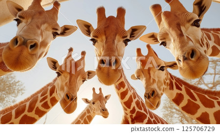 Group of adorable giraffes curiously looking down in a warm sunset setting 125706729