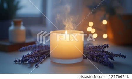 Flickering soy candle in frosted glass jar surrounded by lavender blossoms 125706748