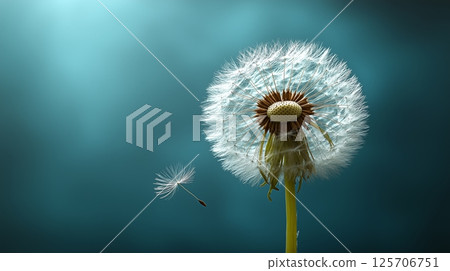 Dandelion seed dispersing in a serene blue background at dawn Dandelion seed dispersing in a serene blue background at dawn 125706751