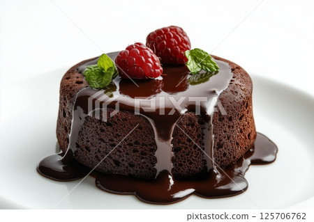 Freshly baked chocolate lava cake with berries on white plate 125706762