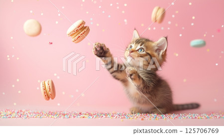 Cute kitten plays with floating macarons on a pastel pink background Cute kitten plays with floating macarons on a pastel pink background 125706769