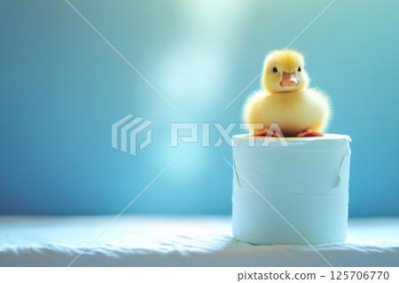 Cute duckling perched on a roll of toilet paper in bright, soft lighting Cute duckling perched on a roll of toilet paper in bright, soft lighting 125706770