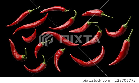 Dynamic freeze motion of flying chili peppers on a black background 125706772