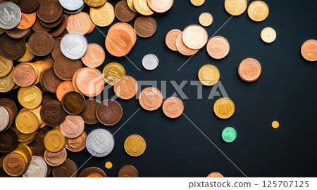 Coins Scattered Across Dark Surface, Displaying Various Metals and Designs with Numismatic Theme. Coins Scattered Across Dark Surface, Displaying Various Metals and Designs with Numismatic Theme. 125707125