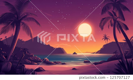 Tropical Beach Embraces Sunset with Palm Trees and Ocean Views, Island Paradise Tropical Beach Embraces Sunset with Palm Trees and Ocean Views, Island Paradise 125707127