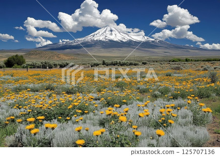 Yellow Flowers Bloom beneath Snow-Capped Mountain with Cloudscape Nature's Beauty 125707136
