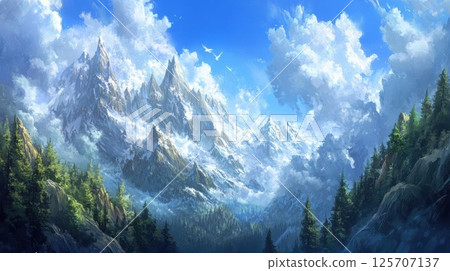 Majestic Mountains Rise Above Lush Valley with Scenic Fantasy Landscape 125707137
