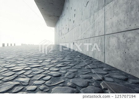 Cobblestone Path Leads to Modern Concrete Wall with Minimalist Design, Architecture Inspiration 125707194