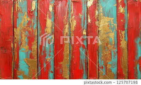 Red and Teal Wood Panel Painting with Gold Accents, Rustic Decor Inspiration. 125707198