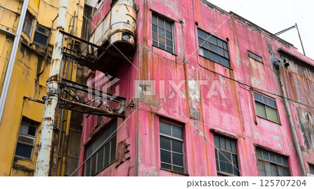 Pink Building Shows Weathering and Decay with Urban Textures and Industrial Architecture. Pink Building Shows Weathering and Decay with Urban Textures and Industrial Architecture. 125707204