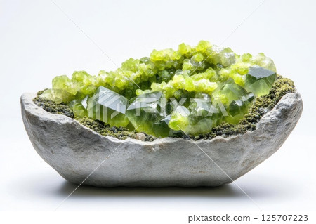 Green Crystals Grow in Stone Bowl, Display of Nature's Beauty and Earth's Treasures. Green Crystals Grow in Stone Bowl, Display of Nature's Beauty and Earth's Treasures. 125707223