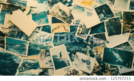 Scattered Memories Captured on Vintage Photos with Ocean Waves and Summer Moments 125707253