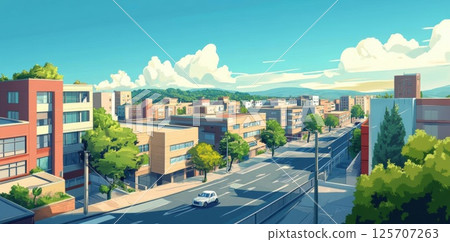City Street Shows Buildings, Trees, and Clear Sky with Urban Landscape in Summer Vibrance. 125707263