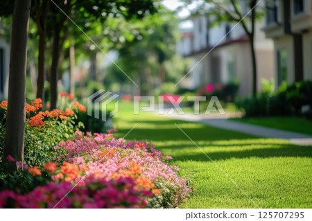 Vibrant Flowers Bloom Along a Serene Neighborhood Path, Embracing the Beauty of Nature. 125707295