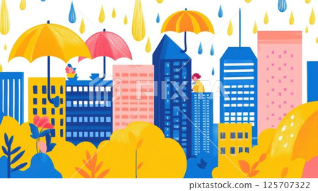 Rainy Day in the City with Umbrellas and Buildings, Autumn Vibes 125707322