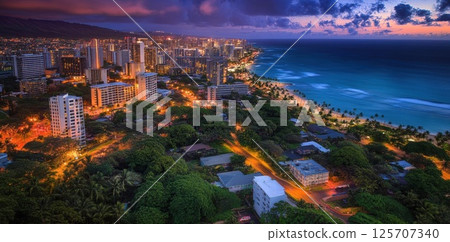 Coastal City Illuminates at Dusk with Vibrant Nightlife and Ocean Views, Scenic Twilight. Coastal City Illuminates at Dusk with Vibrant Nightlife and Ocean Views, Scenic Twilight. 125707340