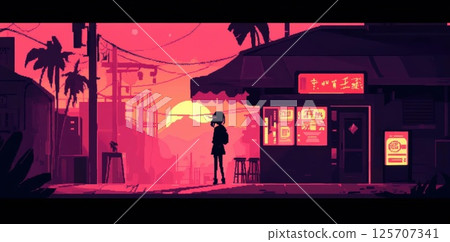 Pixel Art Cityscape at Sunset with Palm Trees and Shops, Urban, Pixel, Retro, Vaporwave 125707341