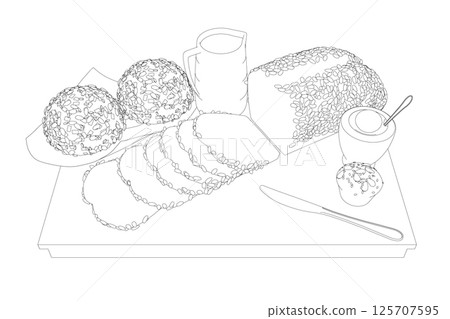 Outline breakfast style drawings. Vector hand drawn set breakfast. Jug of milk, coffee pot, cup, juice, sandwich. Pancakes, toast with jam for design market product 125707595