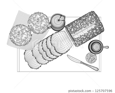 Wireframe breakfast style drawings. Vector hand drawn set breakfast. Jug of milk, coffee pot, cup, juice, sandwich. Pancakes, toast with jam for design market product. 3D 125707596
