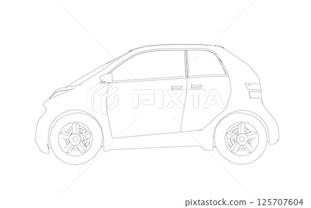 Vector flat illustration of contour small car. City car blueprint. Blank compact car template for branding or advertising. Food delivery car Vector flat illustration of contour small car. City car blueprint. Blank compact car template for branding or advertising. Food delivery car 125707604