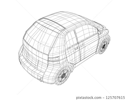 Vector illustration of wireframe small car. City car blueprint. Blank compact car template for branding or advertising. Food delivery car. 3D Vector illustration of wireframe small car. City car blueprint. Blank compact car template for branding or advertising. Food delivery car. 3D 125707615