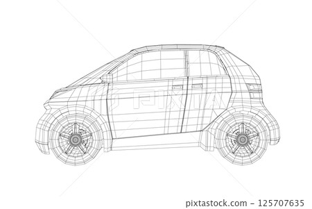 Vector illustration of wireframe small car. City car blueprint. Blank compact car template for branding or advertising. Food delivery car. 3D 125707635