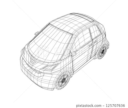 Vector illustration of wireframe small car. City car blueprint. Blank compact car template for branding or advertising. Food delivery car. 3D Vector illustration of wireframe small car. City car blueprint. Blank compact car template for branding or advertising. Food delivery car. 3D 125707636