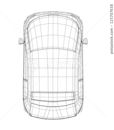 Vector illustration of wireframe small car. City car blueprint. Blank compact car template for branding or advertising. Food delivery car. 3D Vector illustration of wireframe small car. City car blueprint. Blank compact car template for branding or advertising. Food delivery car. 3D 125707638