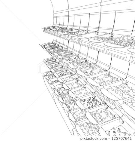 Outline grocery market counter, supermarket showcase and checkout counter. Grocery store customers trolleys and goods shelves vector illustration. Supermarket interior. Shelf with food contour 125707641