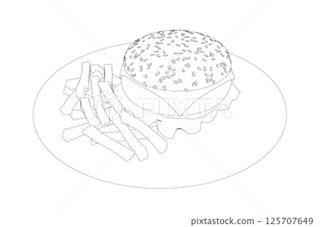 Outline cheeseburger on plate. Contour Big humburger with cutlets, cheese, tomatoes, lettuce. american food. Vector illustration element with humburger. Hand drawn food. Icon, symbol, logo Outline cheeseburger on plate. Contour Big humburger with cutlets, cheese, tomatoes, lettuce. american food. Vector illustration element with humburger. Hand drawn food. Icon, symbol, logo 125707649