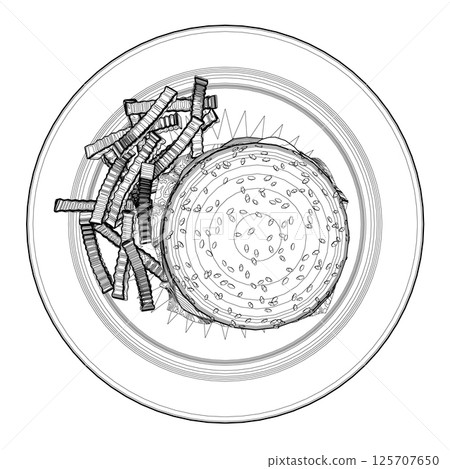 Outline cheeseburger on plate. Contour Big humburger with cutlets, cheese, tomatoes, lettuce. american food. Vector illustration element with humburger. Hand drawn food. Icon, symbol, logo Outline cheeseburger on plate. Contour Big humburger with cutlets, cheese, tomatoes, lettuce. american food. Vector illustration element with humburger. Hand drawn food. Icon, symbol, logo 125707650