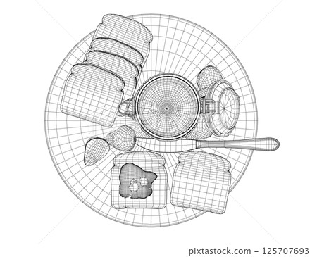 Wireframe healthy morning food and breakfast meals hand drawn with wireframe lines on white background - toasts, strawberry. Vector illustration. 3D Wireframe healthy morning food and breakfast meals hand drawn with wireframe lines on white background - toasts, strawberry. Vector illustration. 3D 125707693