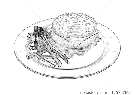 Outline cheeseburger on plate. Contour Big humburger with cutlets, cheese, tomatoes, lettuce. american food. Vector illustration element with humburger. Hand drawn food. Icon, symbol, logo 125707695
