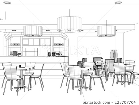 Modern Restaurant. Wireframe of furnished interior of fancy restaurant or bistro hand drawn with lines on white background. Rough drawing of modern cafe. Monochrome vector illustration. 3D Modern Restaurant. Wireframe of furnished interior of fancy restaurant or bistro hand drawn with lines on white background. Rough drawing of modern cafe. Monochrome vector illustration. 3D 125707704