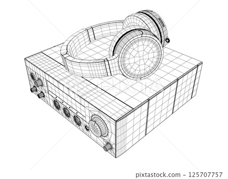 Professional equipment for electronic music wireframe. Stereo headphones in wireframe trend style on a white background. Vector illustration. 3D Professional equipment for electronic music wireframe. Stereo headphones in wireframe trend style on a white background. Vector illustration. 3D 125707757
