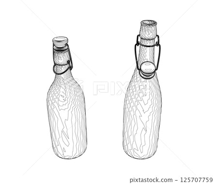 Contour wine bottles on white background. Contour Open and closed bottle of wine. Vector illustration. 125707759