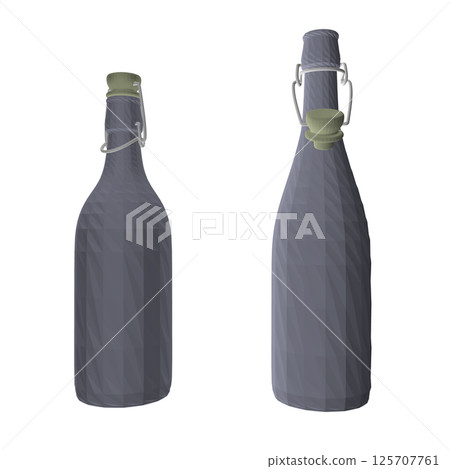 Polygonal wine bottles on white background. Polygonal Open and closed bottle of wine. Vector illustration. 3D 125707761