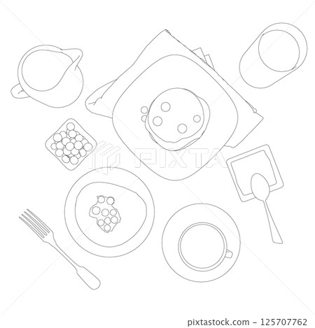 Various healthy morning food and breakfast meals hand drawn with contour lines on white background - berry, toasts, waffles. Vector illustration. Simple contour, outlines on white background Various healthy morning food and breakfast meals hand drawn with contour lines on white background - berry, toasts, waffles. Vector illustration. Simple contour, outlines on white background 125707762