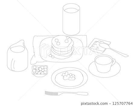 Various healthy morning food and breakfast meals hand drawn with contour lines on white background - berry, toasts, waffles. Vector illustration. Simple contour, outlines on white background Various healthy morning food and breakfast meals hand drawn with contour lines on white background - berry, toasts, waffles. Vector illustration. Simple contour, outlines on white background 125707764