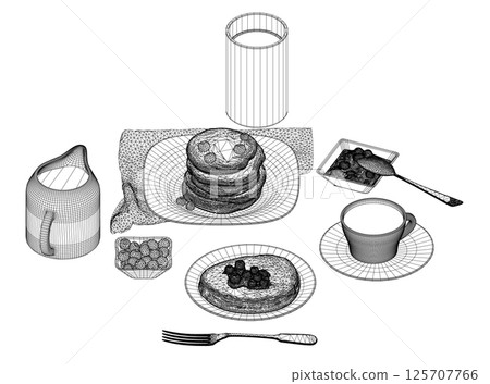 Various healthy morning food and breakfast meals hand drawn with wireframe lines on white background - berry, toasts, waffles. Vector illustration. Wireframe on white background. 3D Various healthy morning food and breakfast meals hand drawn with wireframe lines on white background - berry, toasts, waffles. Vector illustration. Wireframe on white background. 3D 125707766