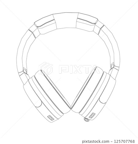 Vector illustration of a black and white contour headphones on a white background. Drawn with lines vector isolated of wireless wifi headphones with speaker for listening music and talking. 125707768