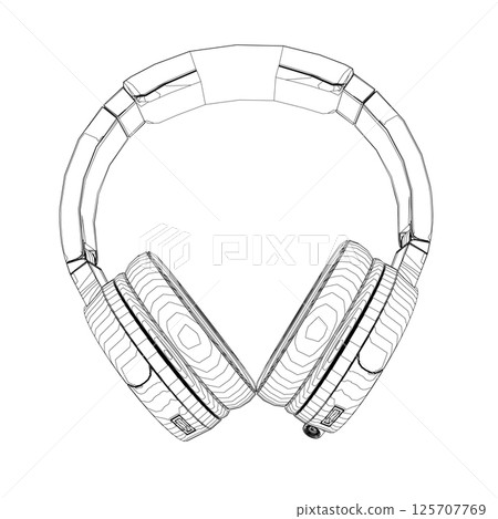 Vector illustration of a black and white contour headphones on a white background. Drawn with lines vector isolated of wireless wifi headphones with speaker for listening music and talking. 125707769