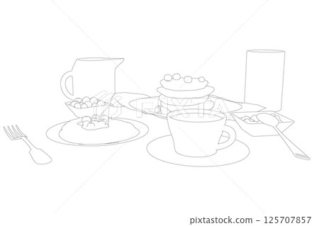 Various healthy morning food and breakfast meals hand drawn with contour lines on white background - berry, toasts, waffles. Vector illustration. Simple contour, outlines on white background Various healthy morning food and breakfast meals hand drawn with contour lines on white background - berry, toasts, waffles. Vector illustration. Simple contour, outlines on white background 125707857