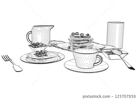 Various healthy morning food and breakfast meals hand drawn with contour lines on white background - berry, toasts, waffles. Vector illustration. Simple contour, outlines on white background Various healthy morning food and breakfast meals hand drawn with contour lines on white background - berry, toasts, waffles. Vector illustration. Simple contour, outlines on white background 125707858
