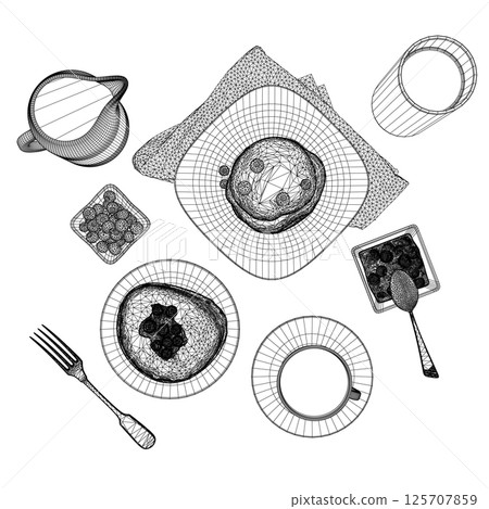 Various healthy morning food and breakfast meals hand drawn with wireframe lines on white background - berry, toasts, waffles. Vector illustration. Wireframe on white background. 3D Various healthy morning food and breakfast meals hand drawn with wireframe lines on white background - berry, toasts, waffles. Vector illustration. Wireframe on white background. 3D 125707859
