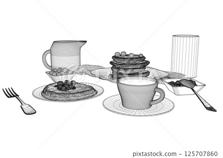 Various healthy morning food and breakfast meals hand drawn with wireframe lines on white background - berry, toasts, waffles. Vector illustration. Wireframe on white background. 3D Various healthy morning food and breakfast meals hand drawn with wireframe lines on white background - berry, toasts, waffles. Vector illustration. Wireframe on white background. 3D 125707860