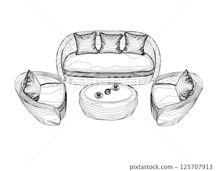 Set of contour furniture for a living room or office in outline style. Outline Sofa, armchair, table. Items for the design of the apartment drawn with black line. Vector illustration isolated on white Set of contour furniture for a living room or office in outline style. Outline Sofa, armchair, table. Items for the design of the apartment drawn with black line. Vector illustration isolated on white 125707913
